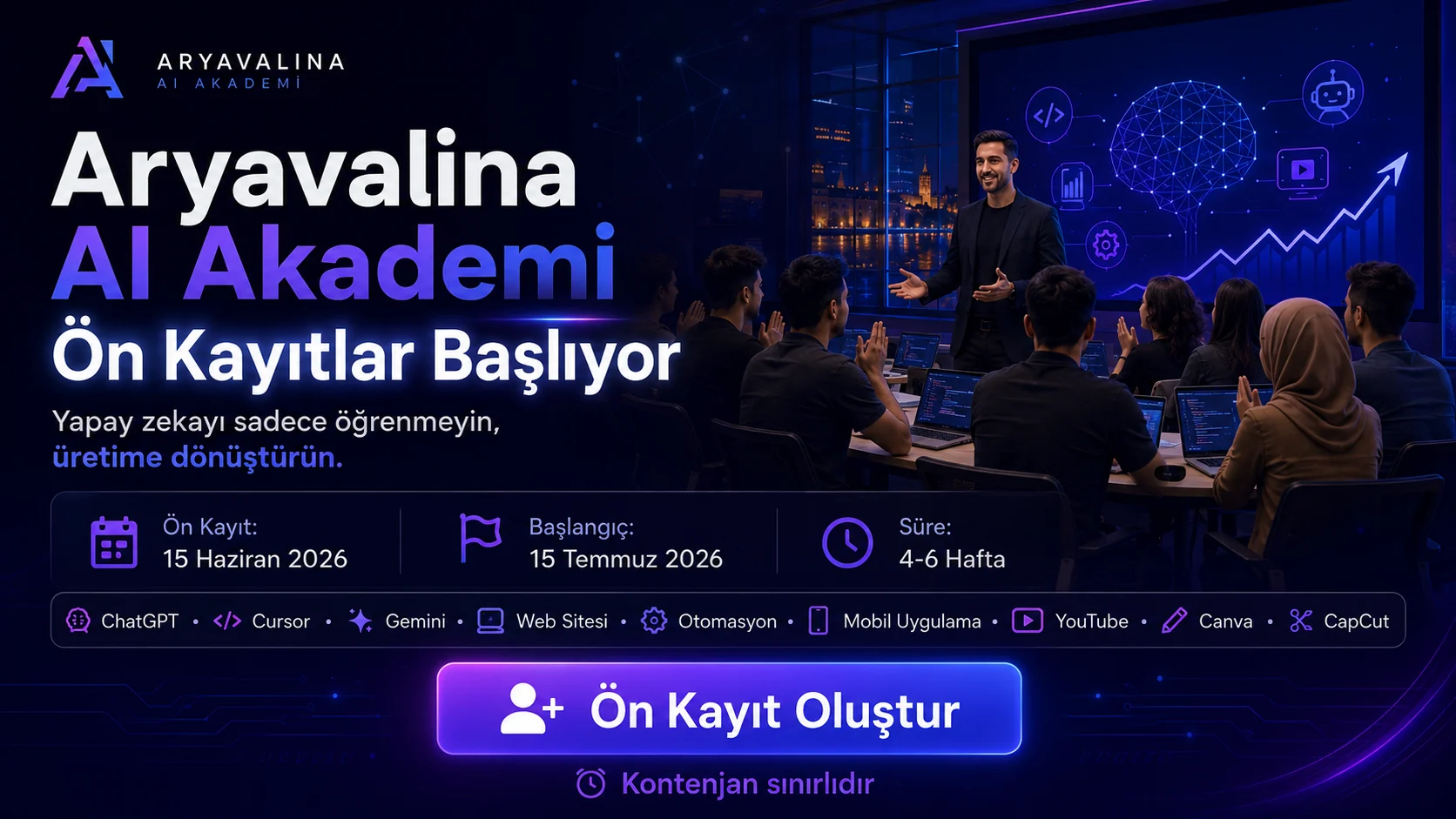 Aryavalina AI Akademi ön kayıt tanıtım görseli